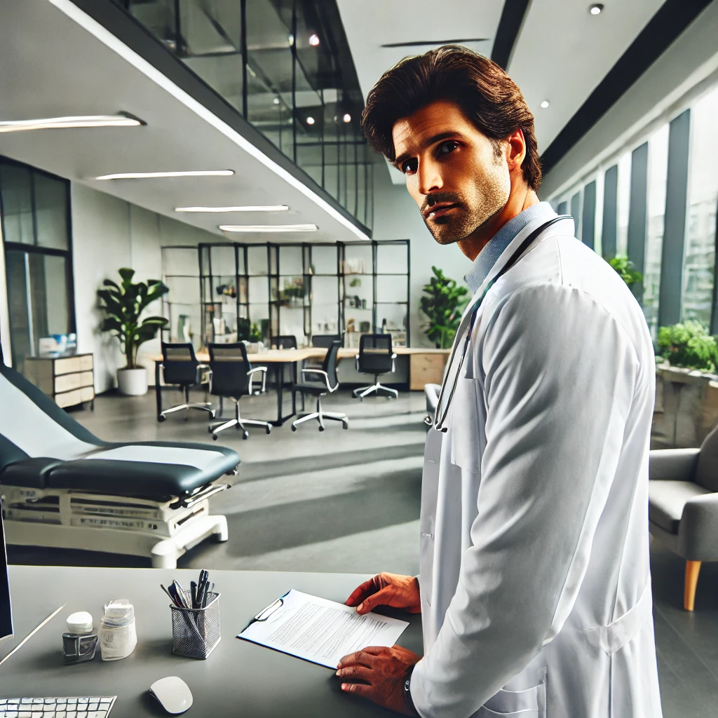 DALL·E 2025-02-09 14.32.41 - A modern medical office with a 45-year-old male doctor with dark hair, light skin, wearing a white coat, seen from a far distance. The doctor is near