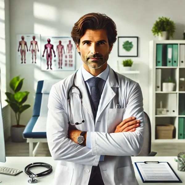 DALL·E 2025-02-09 14.30.23 - A 45-year-old male doctor with dark hair, light skin, wearing a white coat, standing in his modern medical office, captured from a wider angle. The of